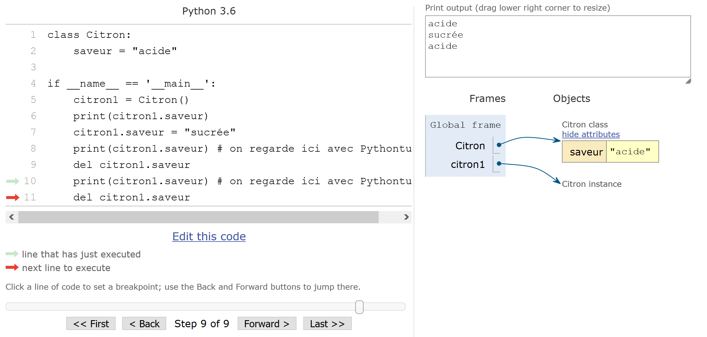 Illustration avec <em>Python Tutor</em> de la non destruction d'un attribut de classe (étape 2).